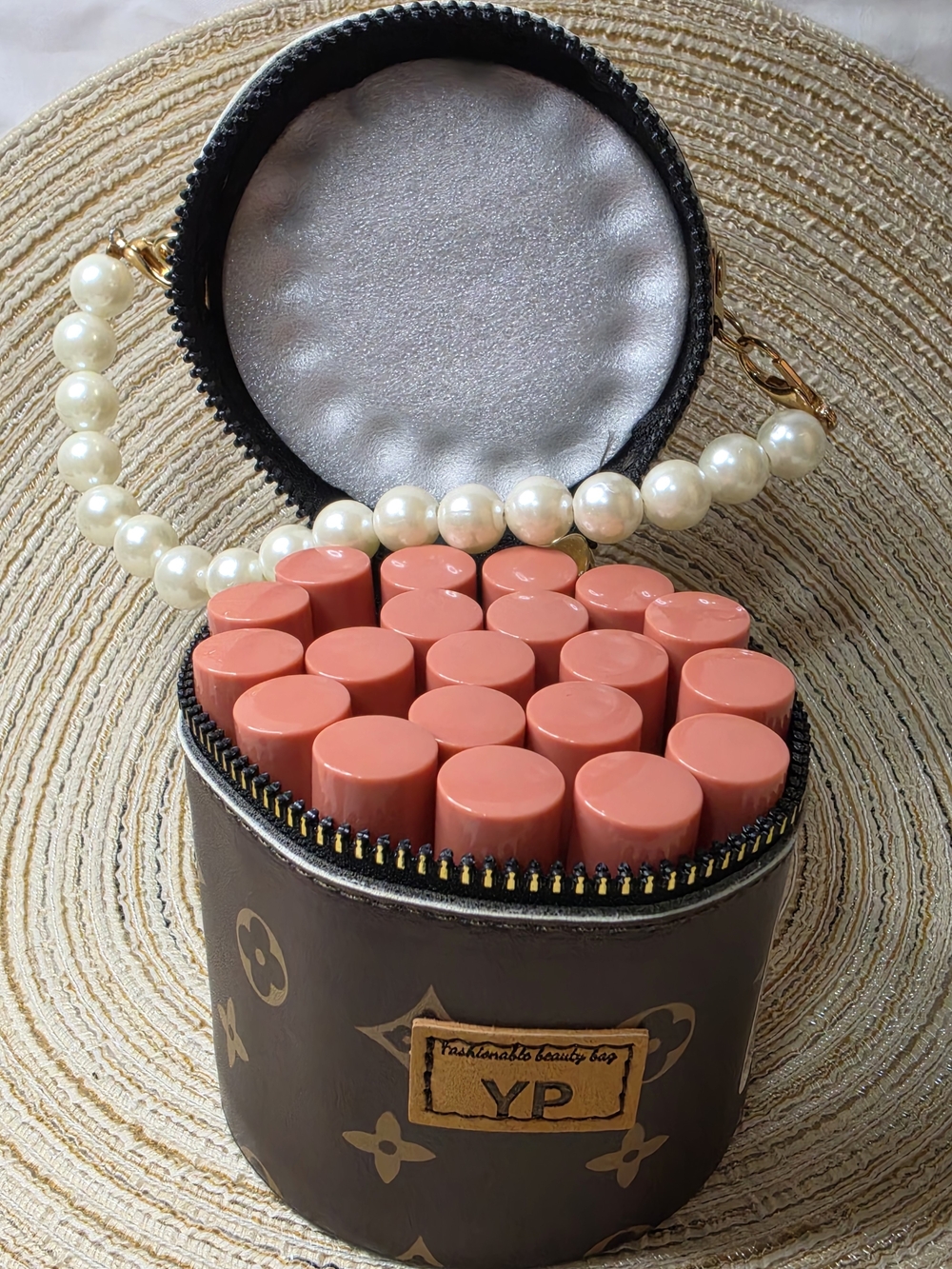 New 21-Piece Mega Lip Gloss Set with Luxury Pearl Strap Cylinder Vanity Purse